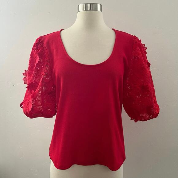 Anthropologie Dolan Puff Sleeve Top Ribbed Lace Floral Appliqué Red Large NWOT - Picture 1 of 10